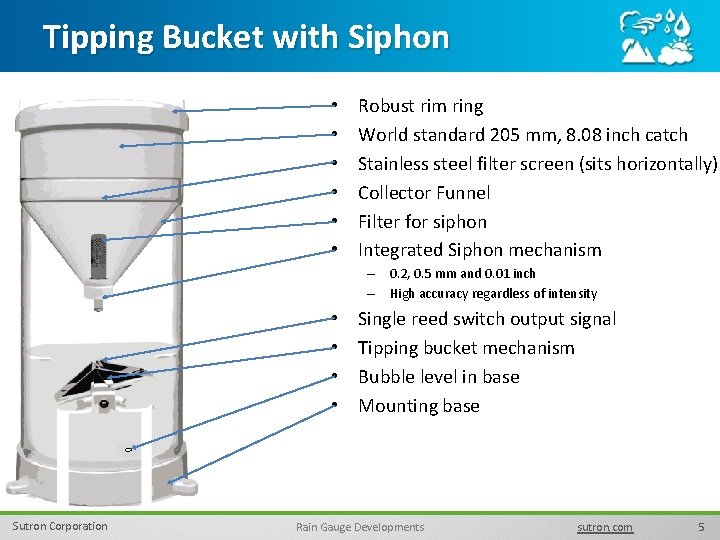 Tipping Bucket with Siphon • • • Robust rim ring World standard 205 mm,