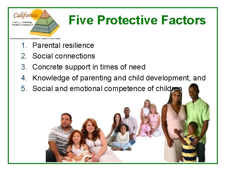 Five Protective Factors 1. 2. 3. 4. 5. Parental resilience Social connections Concrete support