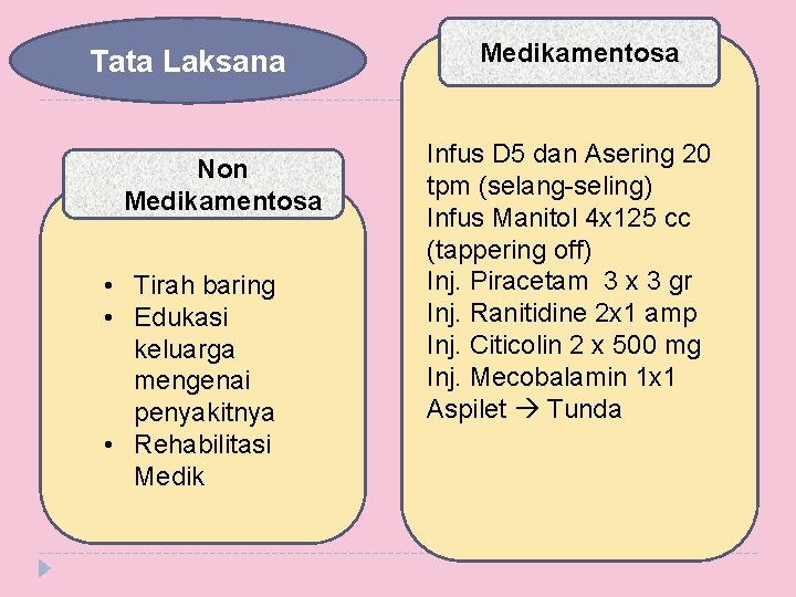 Tata Laksana Non Medikamentosa • Tirah baring • Edukasi keluarga mengenai penyakitnya • Rehabilitasi