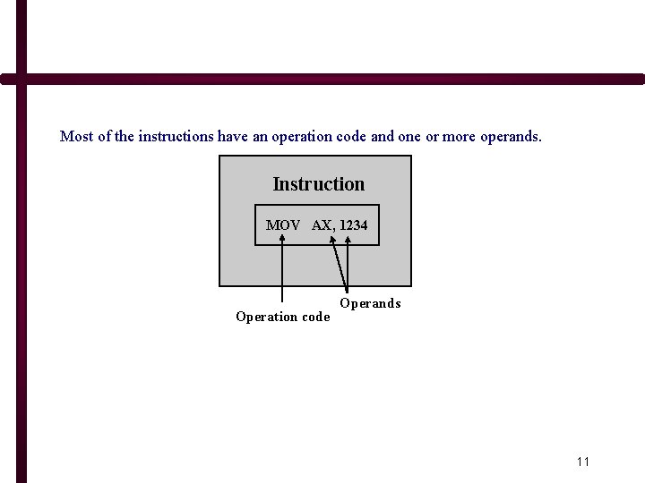 Most of the instructions have an operation code and one or more operands. Instruction