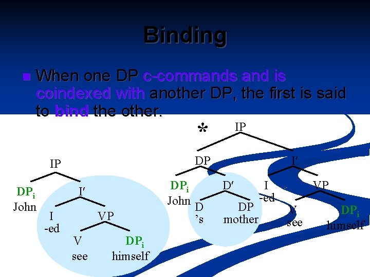 Binding n When one DP c-commands and is coindexed with another DP, the first