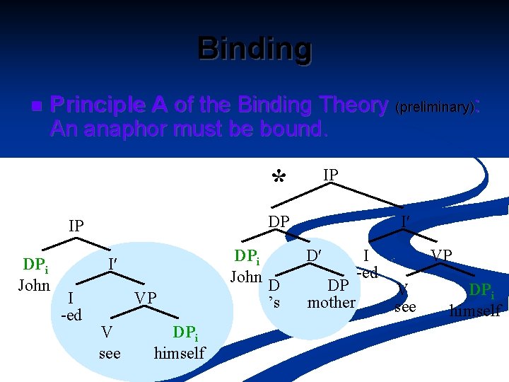 Binding n Principle A of the Binding Theory (preliminary): An anaphor must be bound.