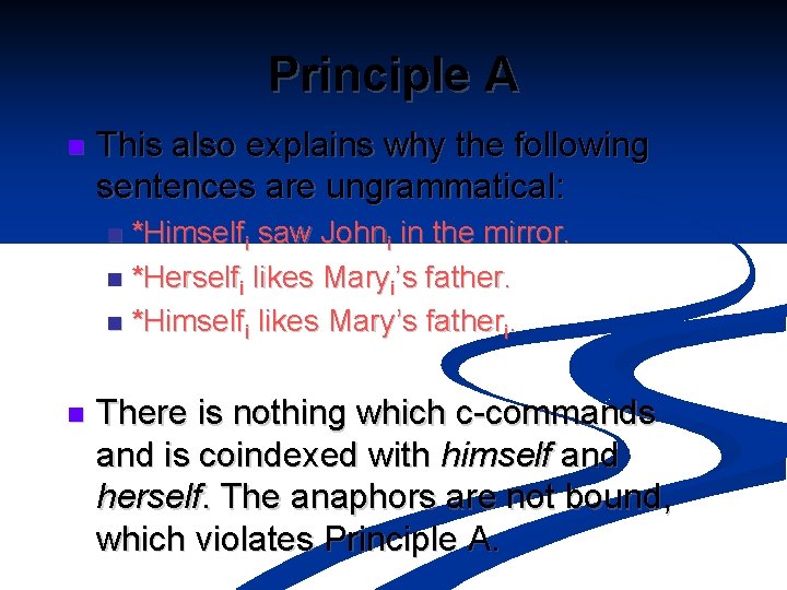 Principle A n This also explains why the following sentences are ungrammatical: *Himselfi saw