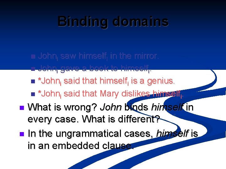 Binding domains Johni saw himselfi in the mirror. n Johni gave a book to