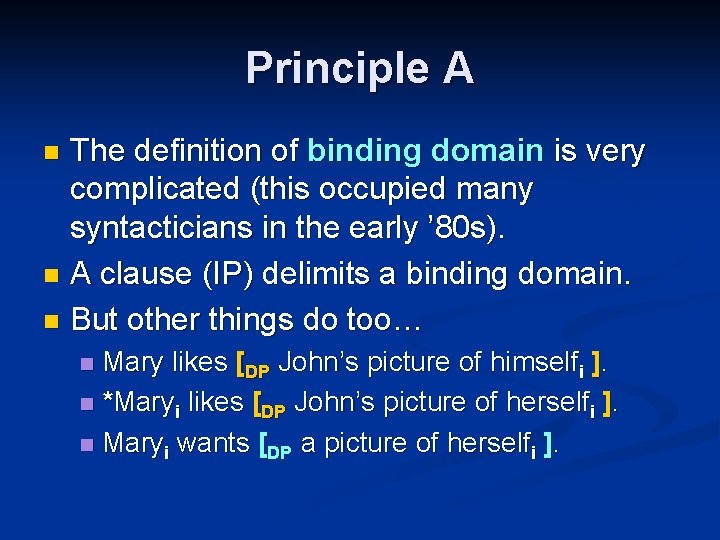 Binding theory Binding Theory n Binding Theory consists