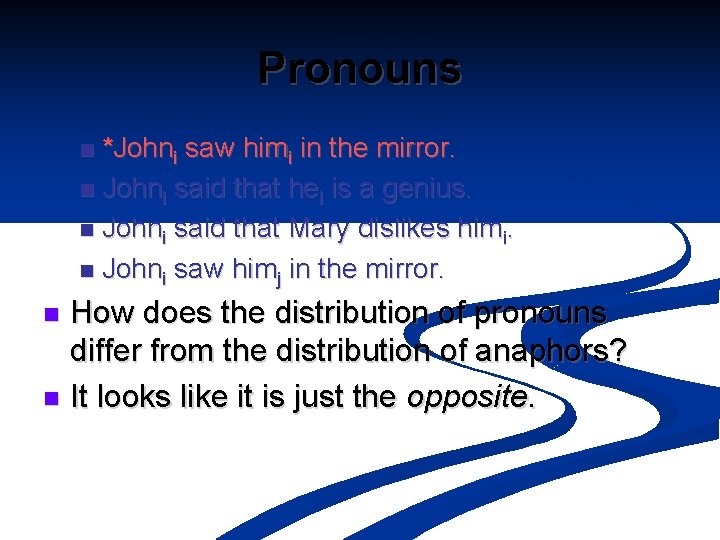 Pronouns *Johni saw himi in the mirror. n Johni said that hei is a