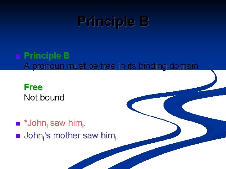 Principle B n Principle B A pronoun must be free in its binding domain.