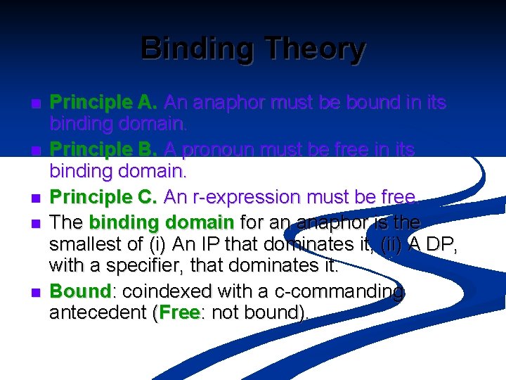 Binding Theory n n n Principle A. An anaphor must be bound in its