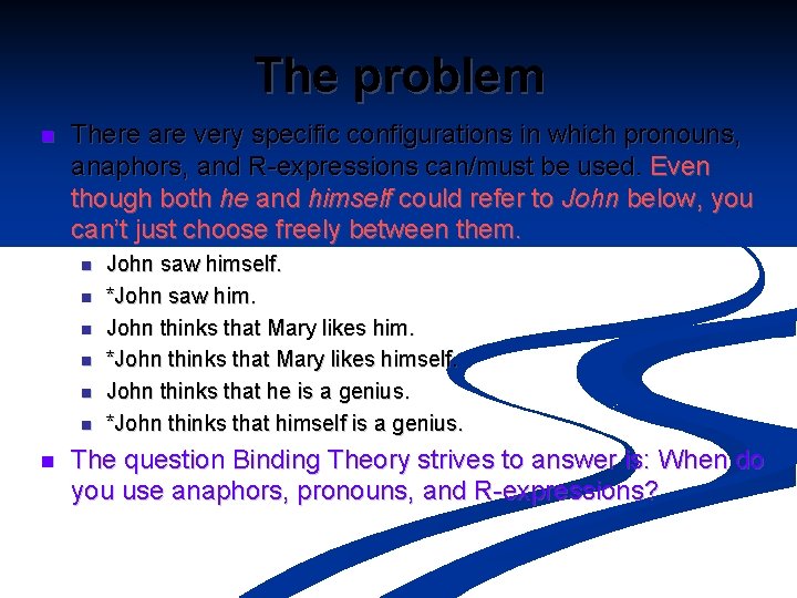 The problem n There are very specific configurations in which pronouns, anaphors, and R-expressions