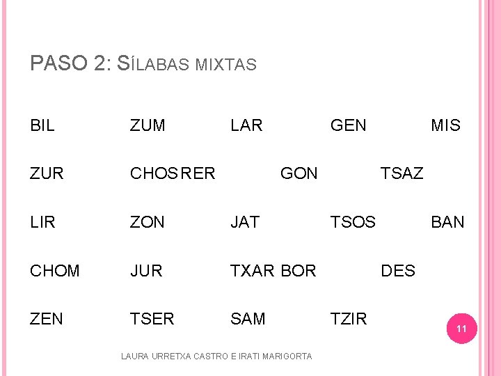 PASO 2: SÍLABAS MIXTAS BIL ZUM LAR GEN ZUR CHOS RER LIR ZON JAT