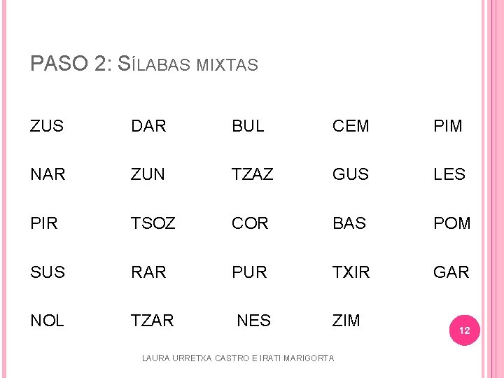 PASO 2: SÍLABAS MIXTAS ZUS DAR BUL CEM PIM NAR ZUN TZAZ GUS LES