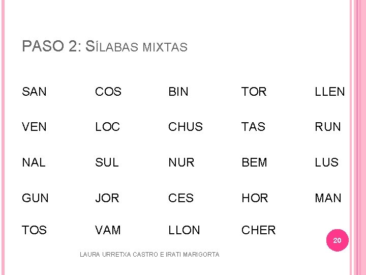 PASO 2: SÍLABAS MIXTAS SAN COS BIN TOR LLEN VEN LOC CHUS TAS RUN