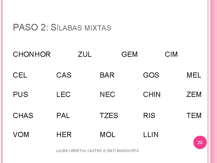 PASO 2: SÍLABAS MIXTAS CHONHOR ZUL GEM CIM CEL CAS BAR GOS MEL PUS