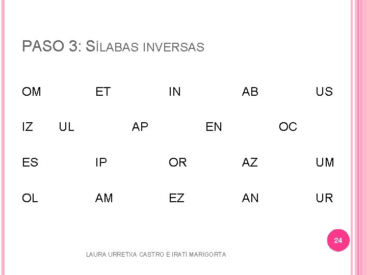 PASO 3: SÍLABAS INVERSAS OM IZ ET UL IN AP AB EN US OC