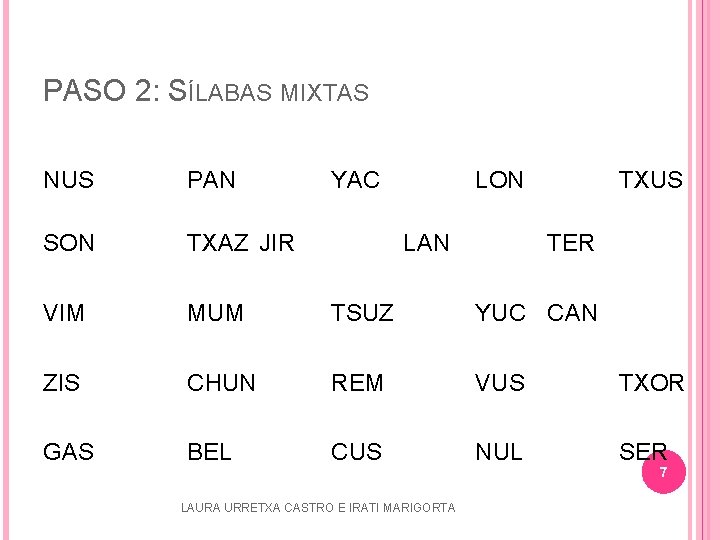 PASO 2: SÍLABAS MIXTAS NUS PAN YAC LON SON TXAZ JIR VIM MUM TSUZ