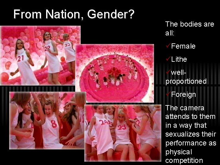 From Nation, Gender? The bodies are all: Female Lithe wellproportioned Foreign The camera attends