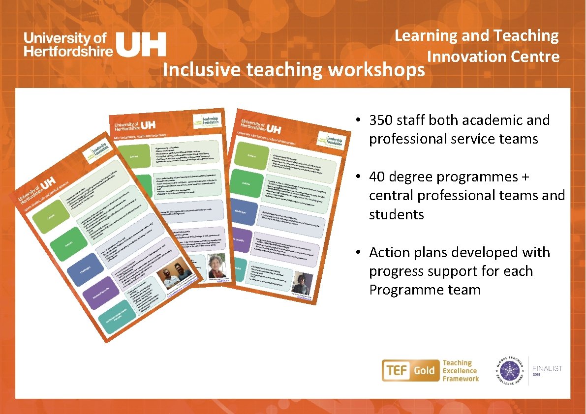 Learning and Teaching Innovation Centre Inclusive teaching workshops • 350 staff both academic and