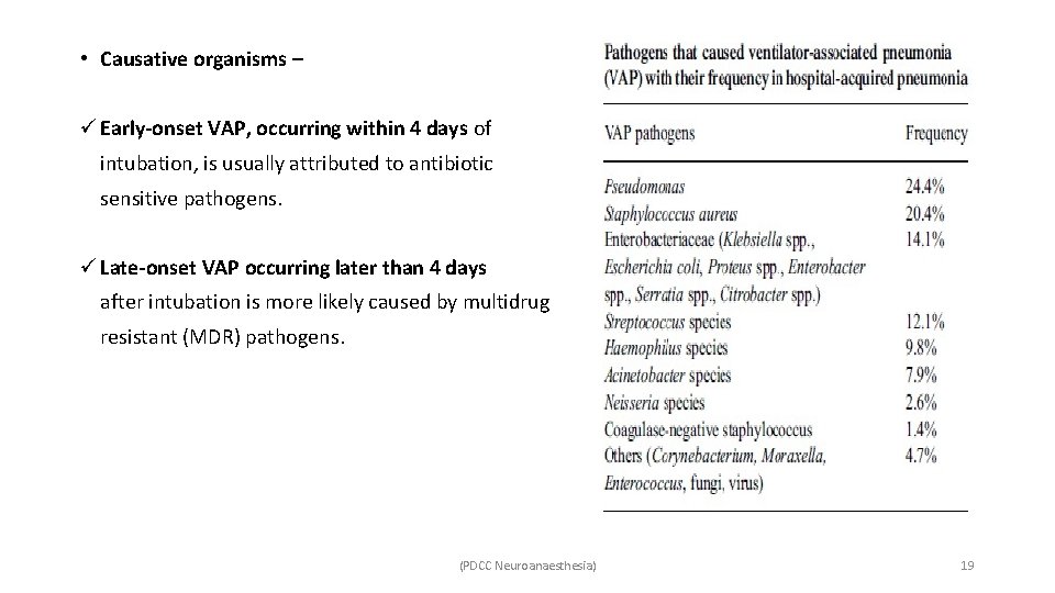  • Causative organisms – ü Early-onset VAP, occurring within 4 days of intubation,