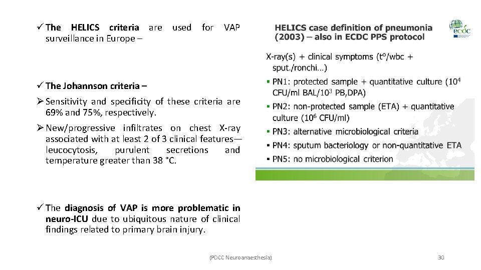 ü The HELICS criteria are used for VAP surveillance in Europe – ü The