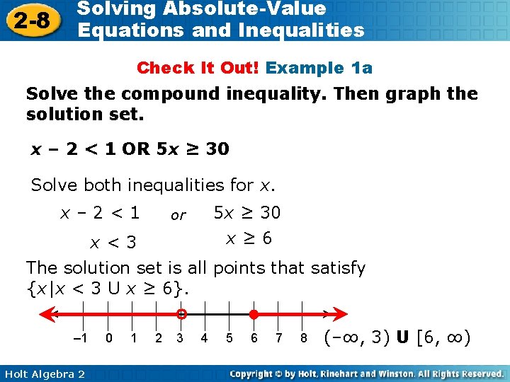 2 -8 Solving Absolute-Value Equations and Inequalities Check It Out! Example 1 a Solve