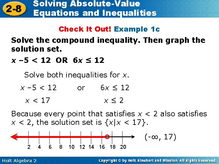 Solving Absolute-Value Equations and Inequalities 2 -8 Check It Out! Example 1 c Solve