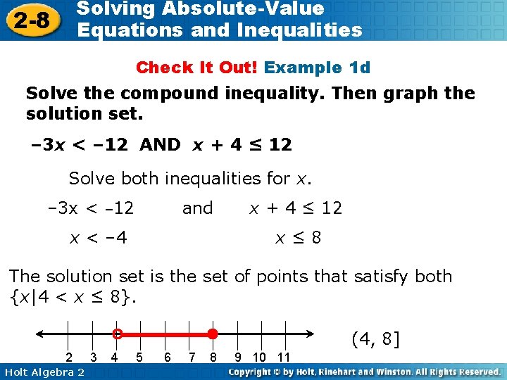 Solving Absolute-Value Equations and Inequalities 2 -8 Check It Out! Example 1 d Solve