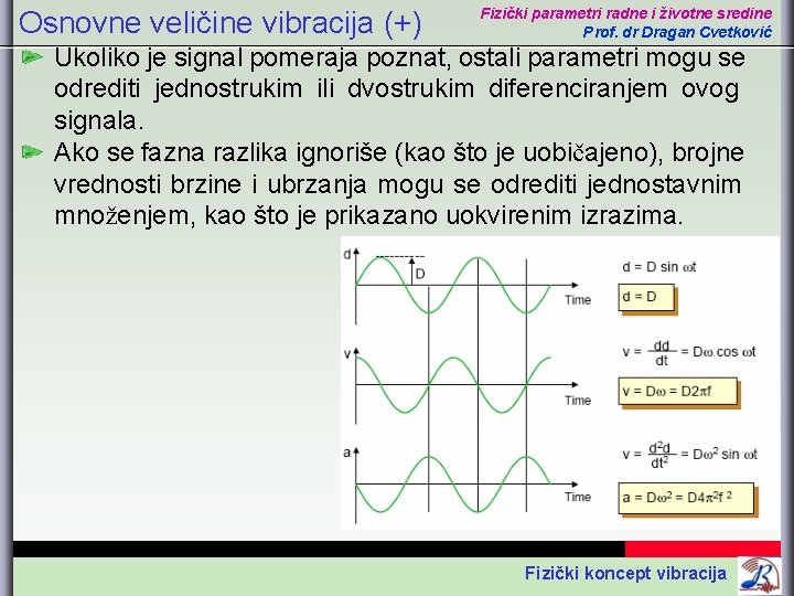 Osnovne veličine vibracija (+) Fizički parametri radne i životne sredine Prof. dr Dragan Cvetković