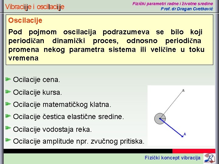 Vibraciijje i oscillaciijje Fizički parametri radne i životne sredine Prof. dr Dragan Cvetković Oscilacije