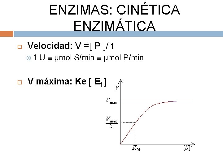 ENZIMAS: CINÉTICA ENZIMÁTICA Velocidad: V = P / t 1 U µmol S/min µmol