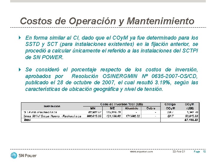 Costos de Operación y Mantenimiento En forma similar al CI, dado que el COy.