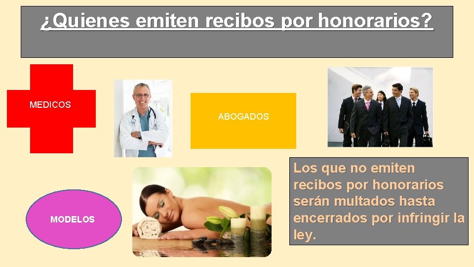 ¿Quienes emiten recibos por honorarios? MEDICOS ABOGADOS MODELOS Los que no emiten recibos por