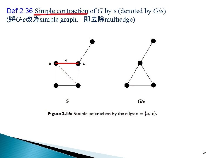 Def 2. 36 Simple contraction of G by e (denoted by G/e) (將G e改為simple