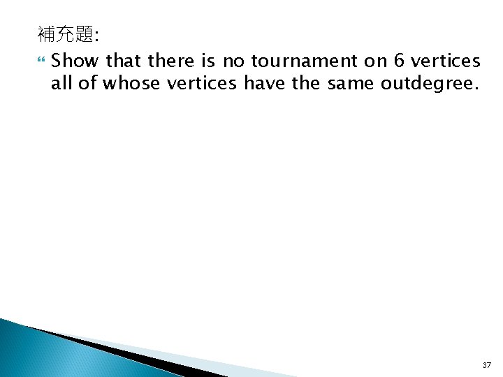 補充題: Show that there is no tournament on 6 vertices all of whose vertices