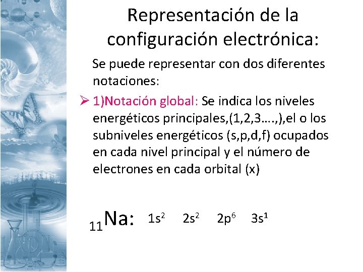 Representación de la configuración electrónica: Se puede representar con dos diferentes notaciones: Ø 1)Notación