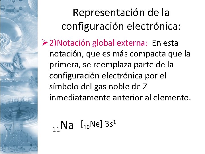 Representación de la configuración electrónica: Ø 2)Notación global externa: En esta notación, que es