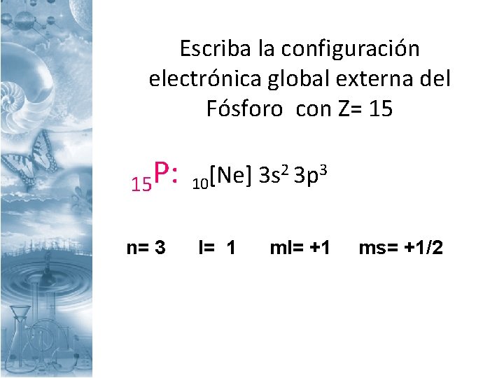 Escriba la configuración electrónica global externa del Fósforo con Z= 15 15 P: n=
