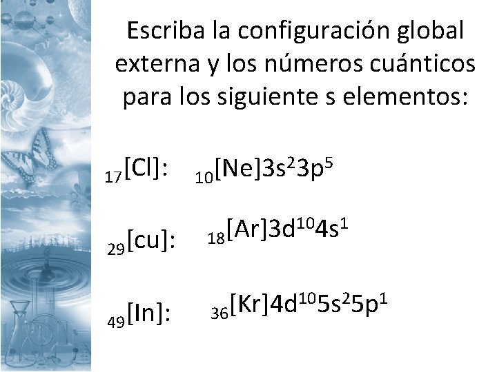 Escriba la configuración global externa y los números cuánticos para los siguiente s elementos: