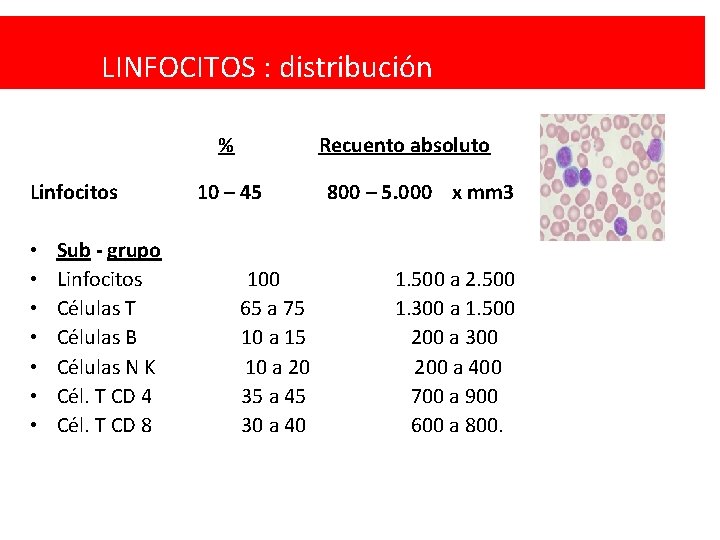 LINFOCITOS : distribución % Linfocitos • • Sub - grupo Linfocitos Células T Células