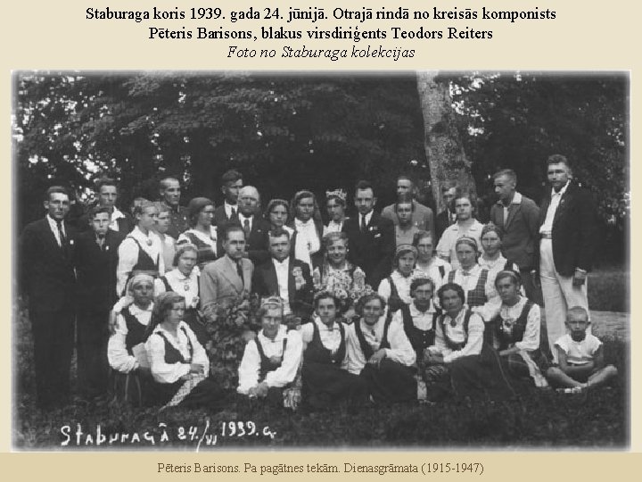 Staburaga koris 1939. gada 24. jūnijā. Otrajā rindā no kreisās komponists Pēteris Barisons, blakus