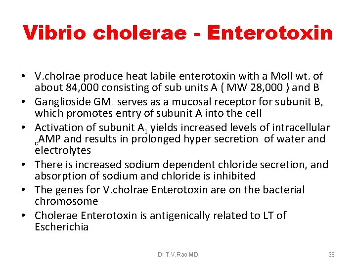 Vibrio cholerae - Enterotoxin • V. cholrae produce heat labile enterotoxin with a Moll
