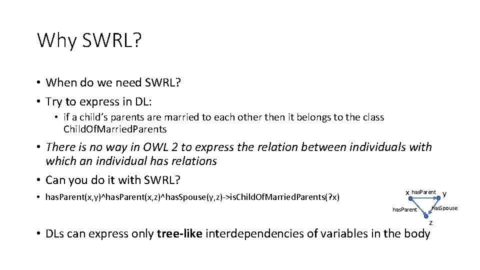 Why SWRL? • When do we need SWRL? • Try to express in DL: Why SWRL? • When do we need SWRL? • Try to express in DL: