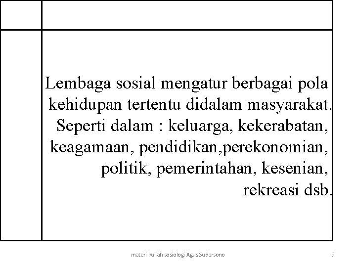 Lembaga sosial mengatur berbagai pola kehidupan tertentu didalam masyarakat. Seperti dalam : keluarga, kekerabatan,