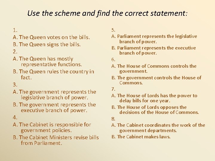 Use the scheme and find the correct statement: 1. A. The Queen votes on