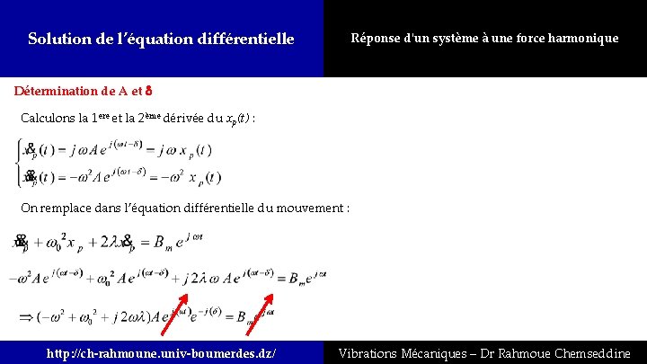 Solution de l’équation différentielle Réponse d'un système à une force harmonique Détermination de A