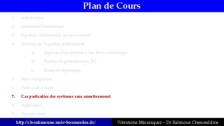 Plan de Cours 1. Introduction 2. Excitations harmonique 3. Équation différentielle du mouvement 4.