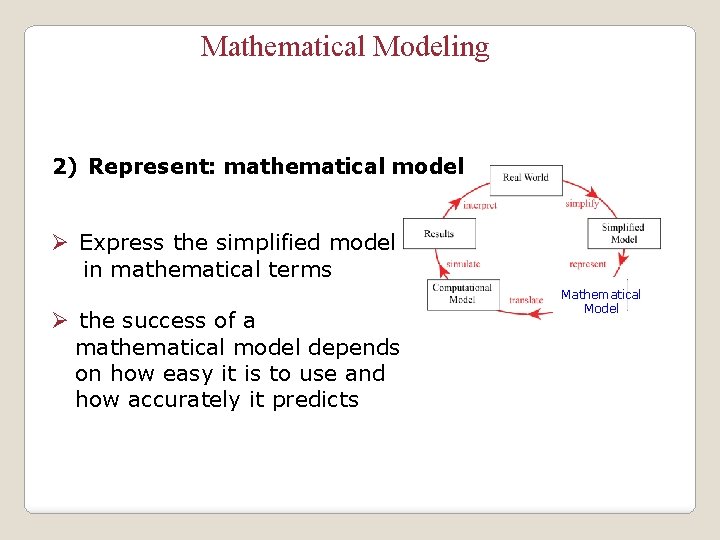 Mathematical Modeling 2) Represent: mathematical model Ø Express the simplified model in mathematical terms