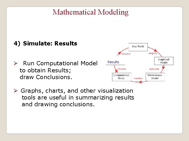 Mathematical Modeling 4) Simulate: Results Ø Run Computational Model to obtain Results; draw Conclusions.