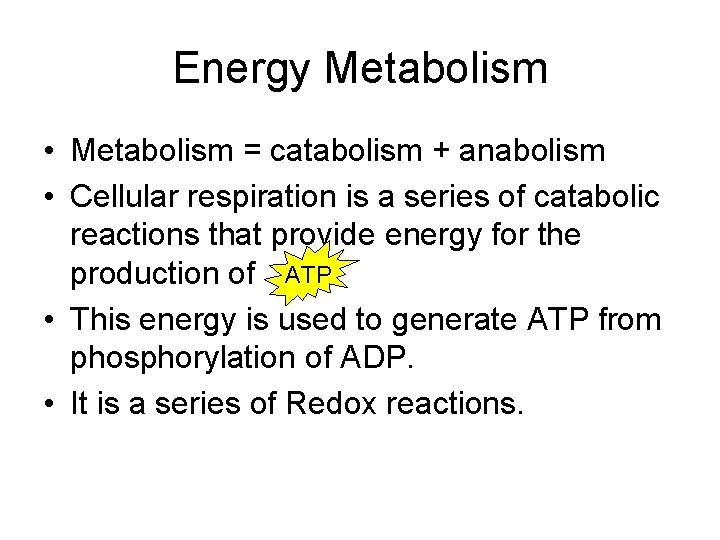 Energy Metabolism • Metabolism = catabolism + anabolism • Cellular respiration is a series