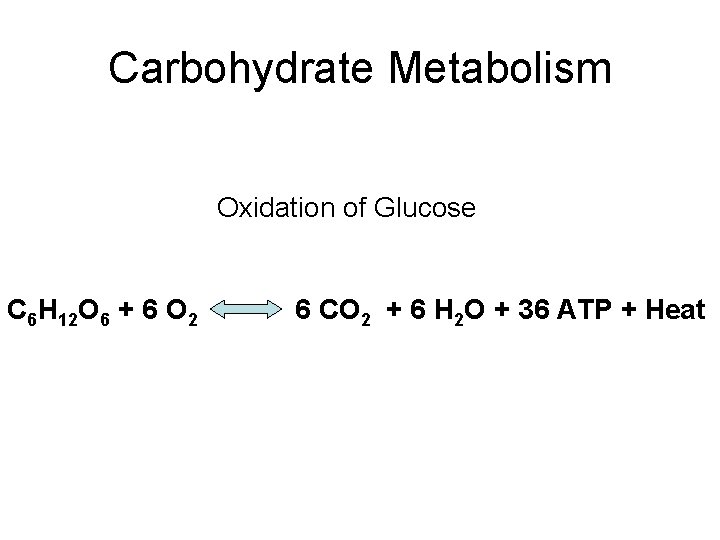 Carbohydrate Metabolism Oxidation of Glucose C 6 H 12 O 6 + 6 O