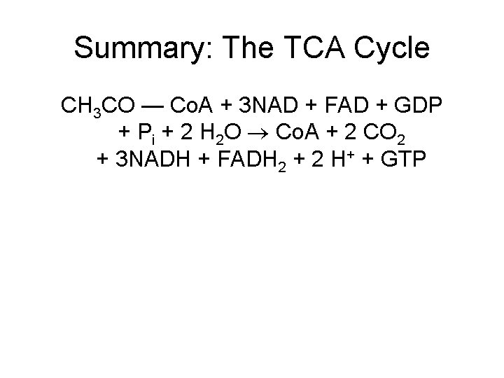 Summary: The TCA Cycle CH 3 CO — Co. A + 3 NAD +